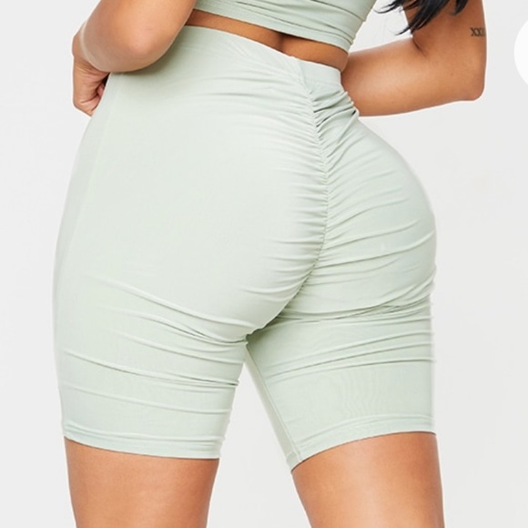 PRETTY LITTLE THING sage green ruched biker shorts - Picture 2 of 6